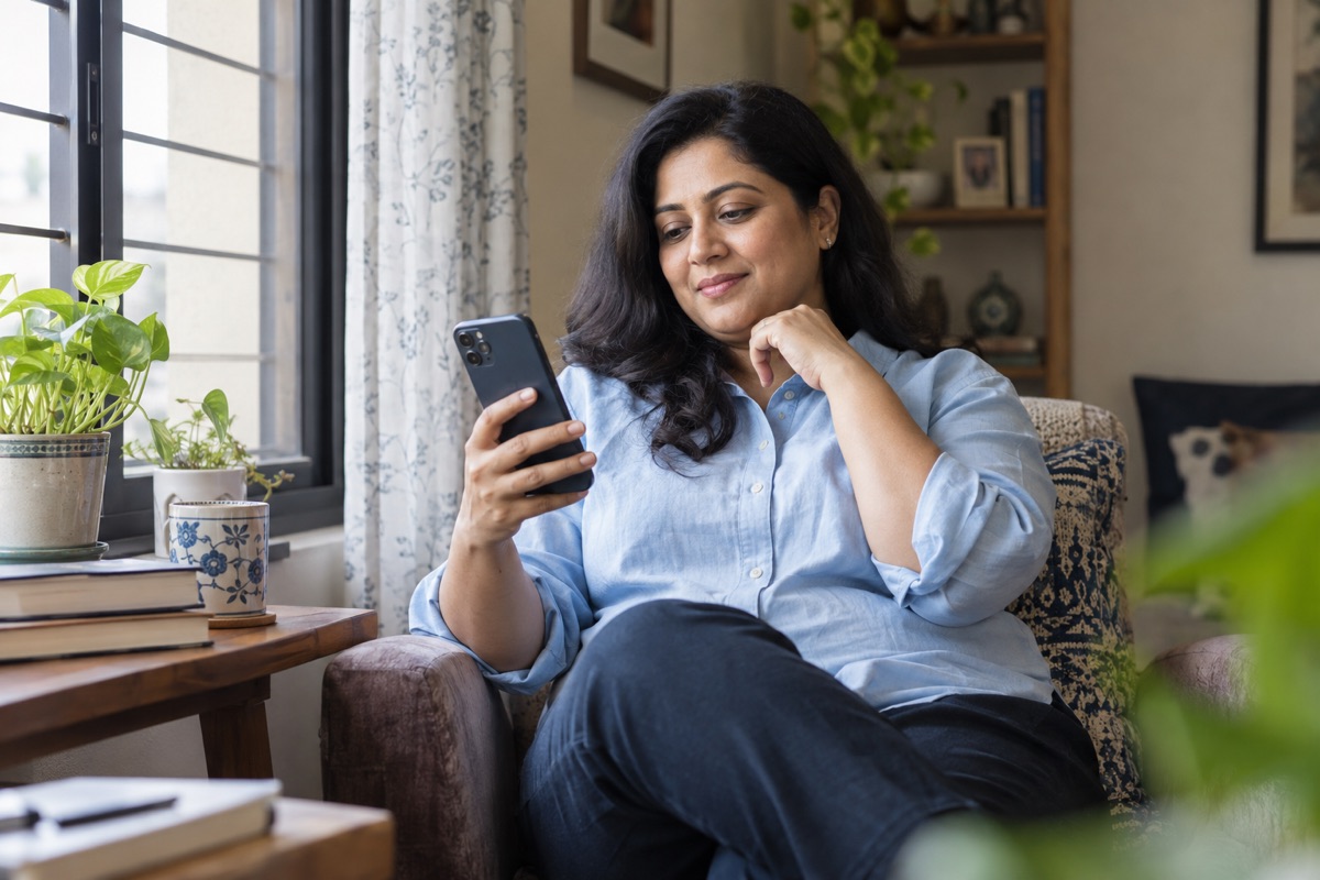 Illustrative scene of a woman reading a message on her phone at home.