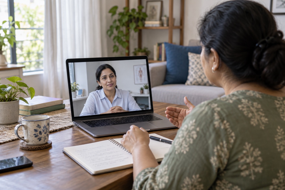 Illustrative video consultation: a woman speaks with a doctor on her laptop, with a notebook open beside her.