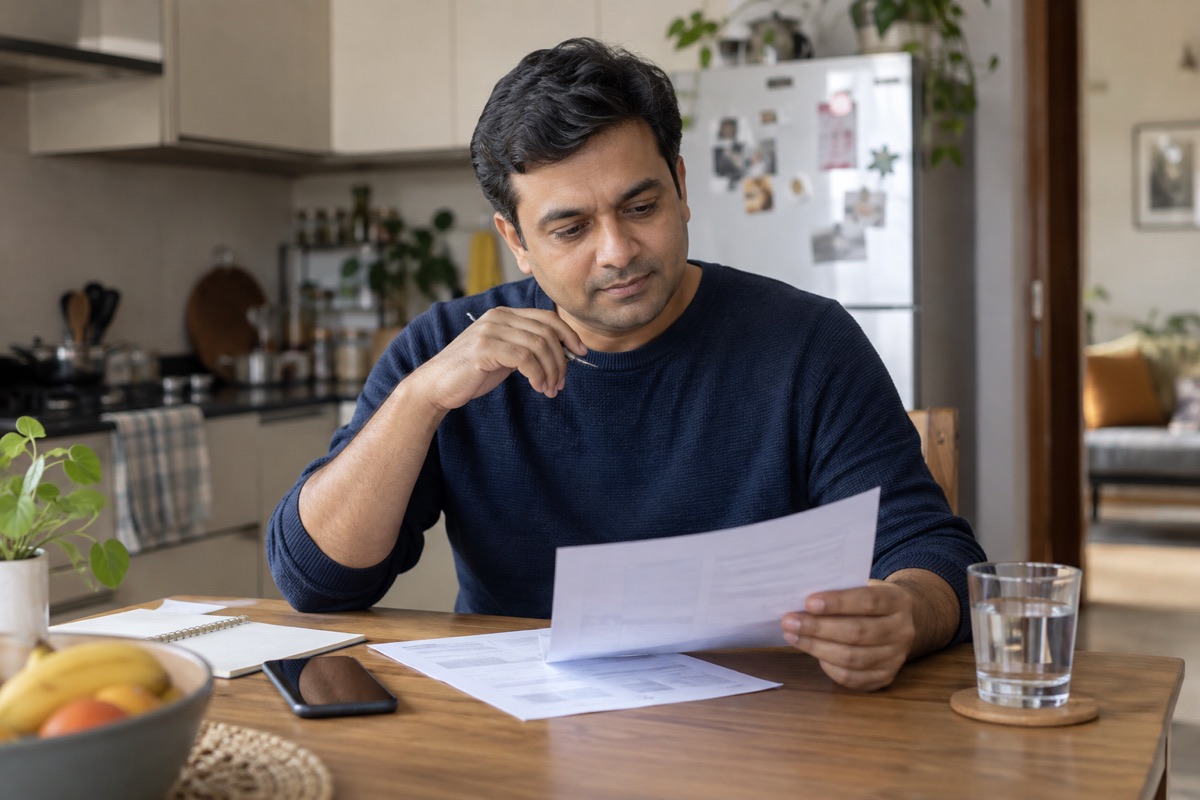 Illustrative scene of a man reviewing a paper care plan at home.